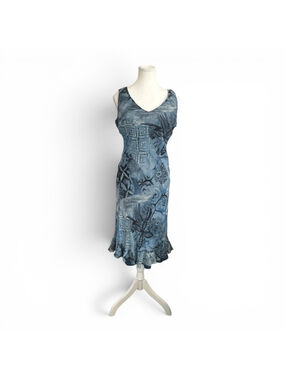 Y2K Silk Slip Dress Blue Fairycore Patchwork Art Print Ruffle Hem Midi